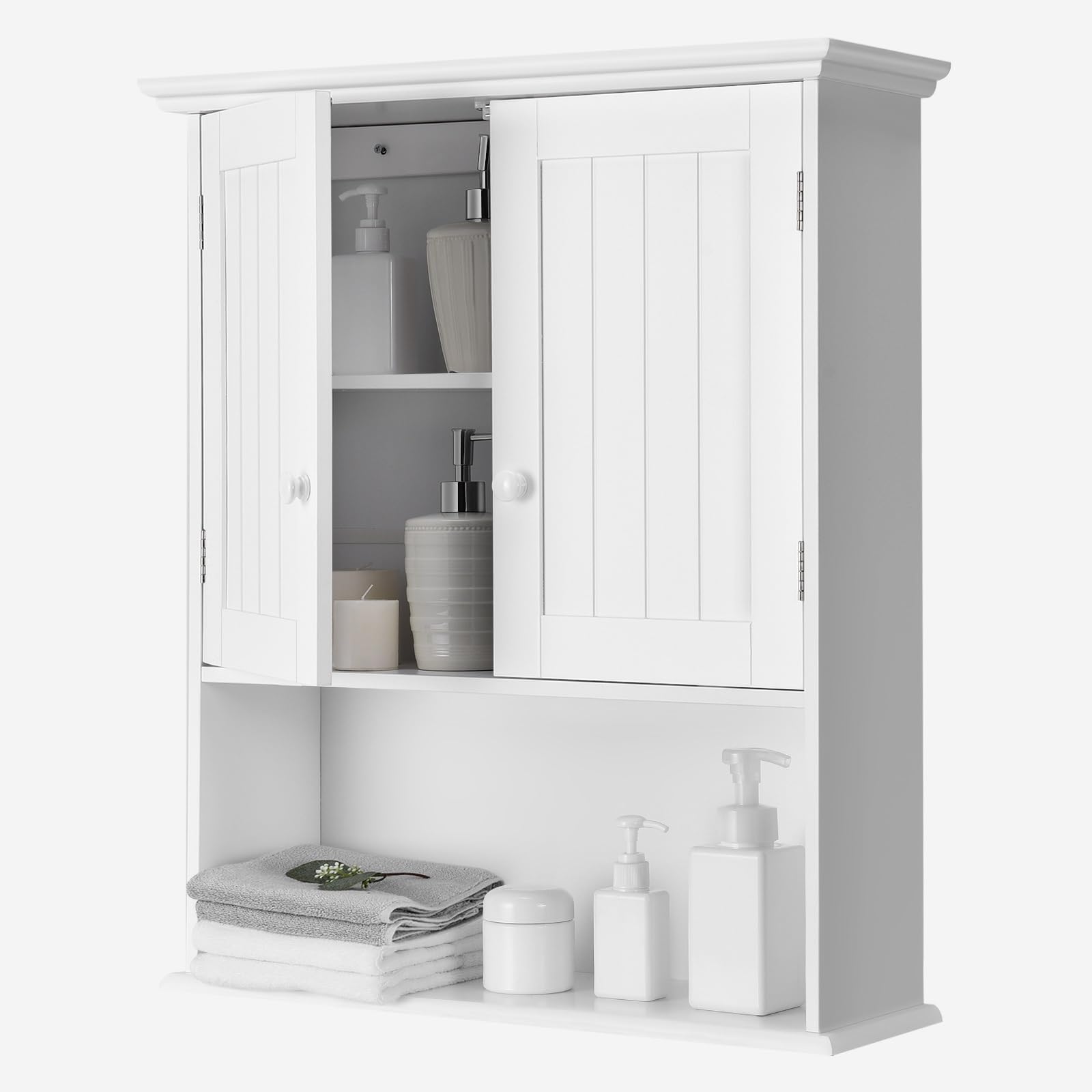 Byroce Bathroom Storage Cabinet Wall Mounted, Wooden Over The Toilet Space Saver with 2 Doors & Adjustable Shelf, Hanging Medicine Cabinets for Bathroom, Living Room, Kitchen (White)