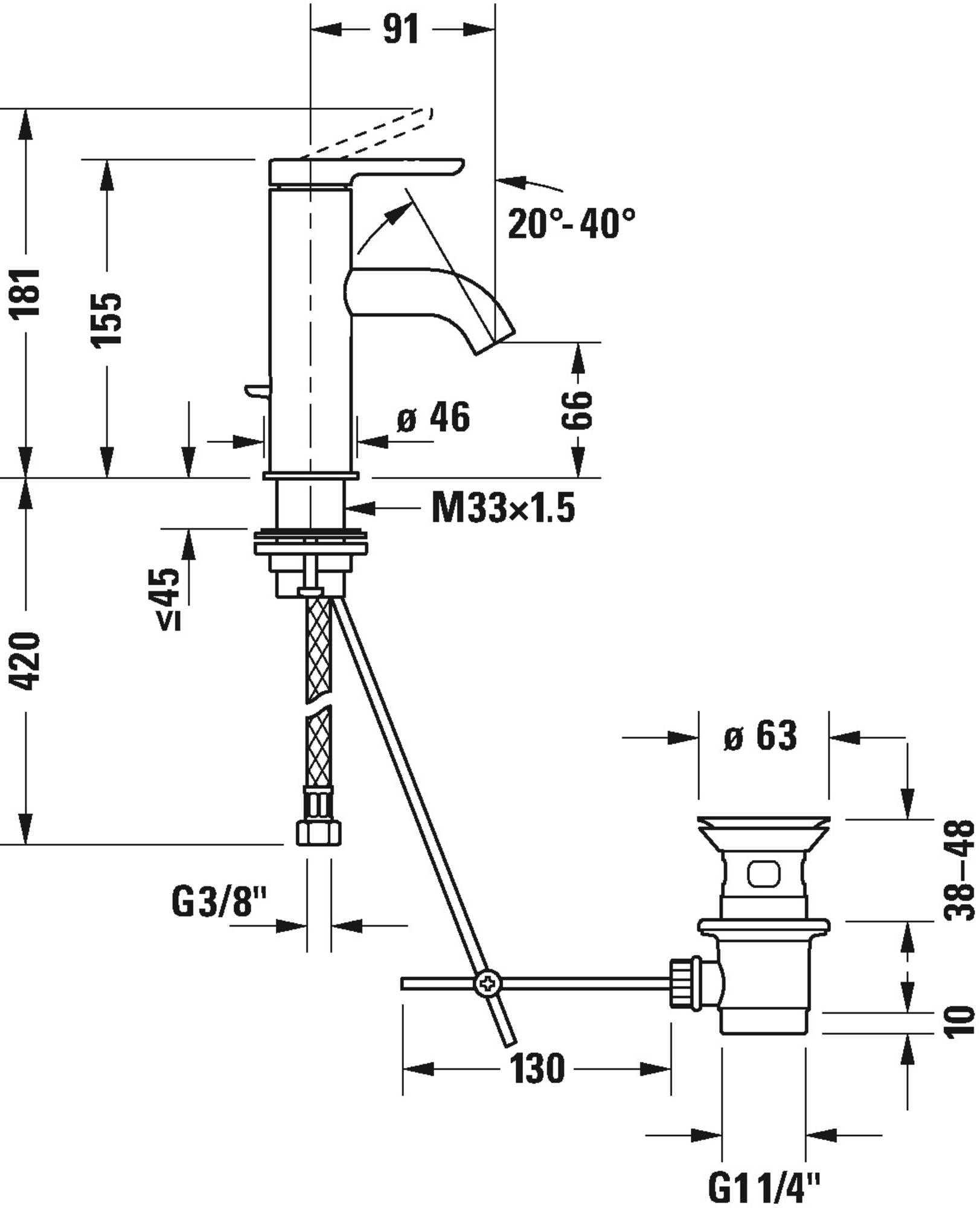 Duravit C.1 wastafelarmatuur, maat L (uitloop hoogte 173 mm), waterkraan badkamer, wastafelarmatuur met keramische cartridge, chroom