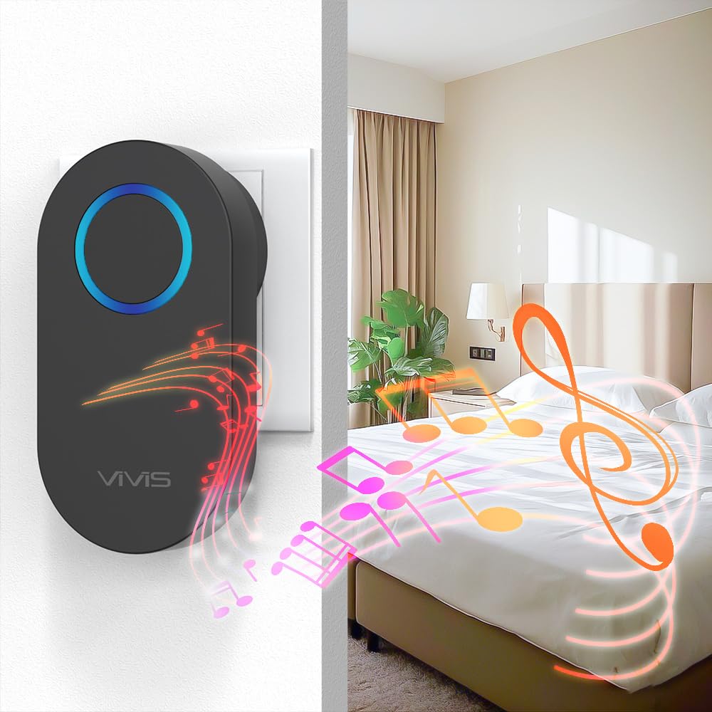 VIVIS Timbre inalámbrico, Alcance inalámbrico de hasta 280 Metros en Espacios Abiertos, 60 Tonos de Llamada, con luz LED, fácil de Instalar, Adecuado para hogares, Apartamentos y oficinas. (1 to 2)
