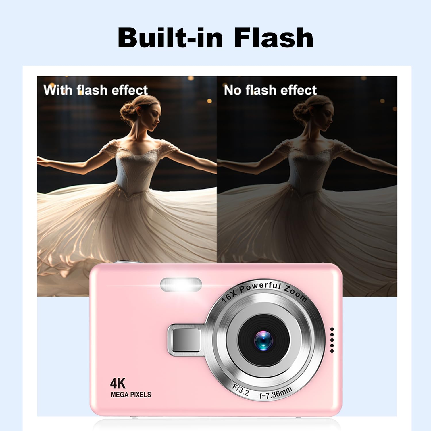 Appareil Photo Numérique, 4K​​ Autofocus 50MP Appareil Photo Enfant, Zoom 16X, Flash, Anti-Shake, ​​Appareils Photo Numériques Compact​​ Portable Petit Prêt à Shooter pour Enfants Adultes ​​Débutants