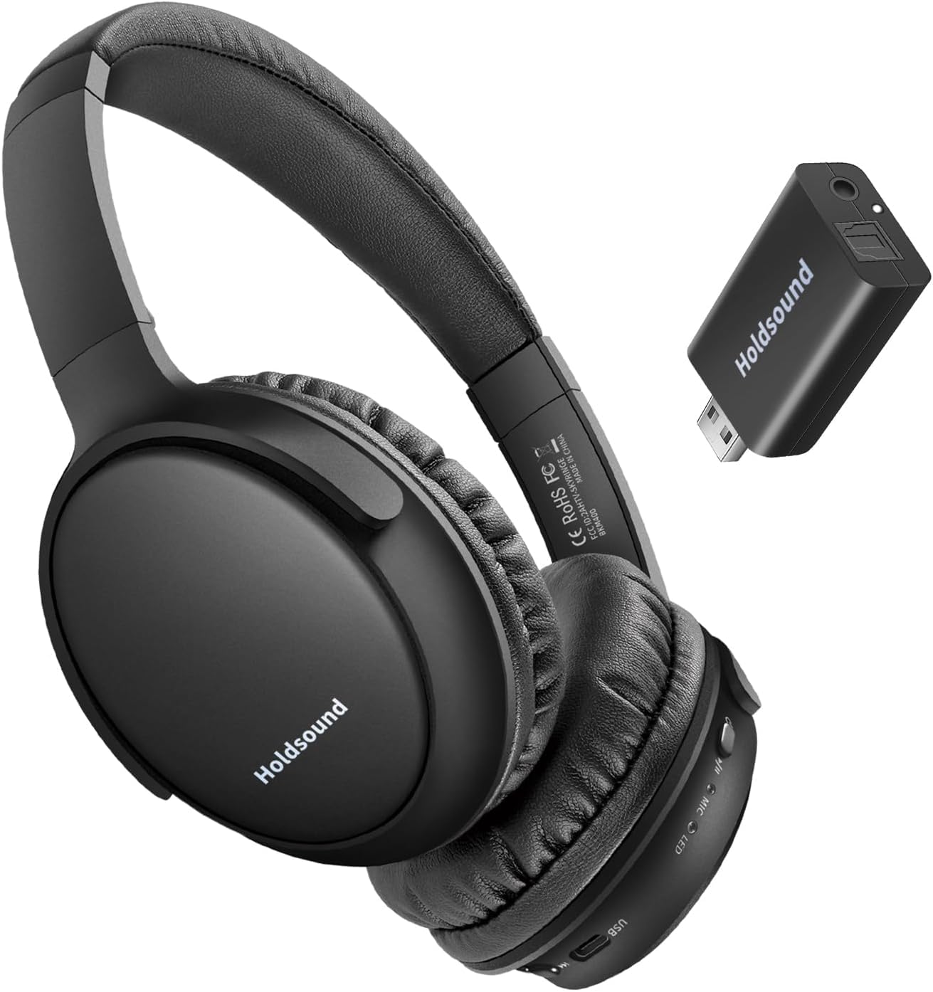 Holdsound Cuffie per TV Senza Fili con Trasmettitore USB (Inchiostro nero) | Cuffie TV Wireless, Alto Volume, Plug And Play, Senza Latenza Audio, Riproduzione Audio di 40 Ore