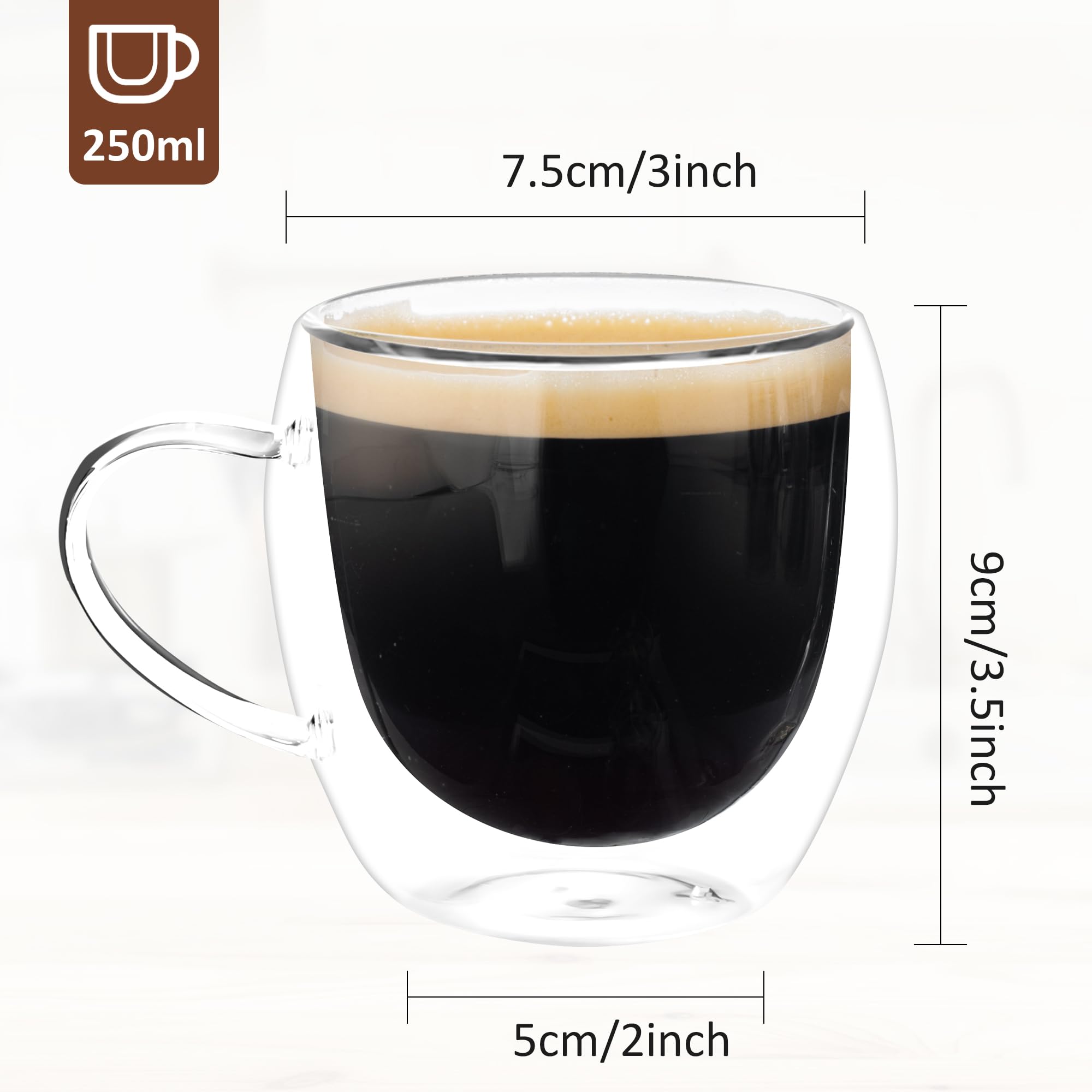 WENLISELL 4 PCS Double Walled Coffee Mug with Handle, 250ml Clear Cappuccino Latte Glasses Mugs - Image 2
