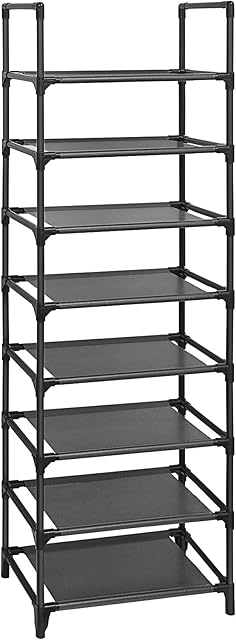 SONGMICS 8-Tier Shoe Rack, Versatile Shoe Shelf Organiser, Metal Structure, Non-Woven Fabric Shelves, 16-20 Pairs, for Living Room Bedroom Entrance, 46 x 28 x 145 cm, Black LSR24BK