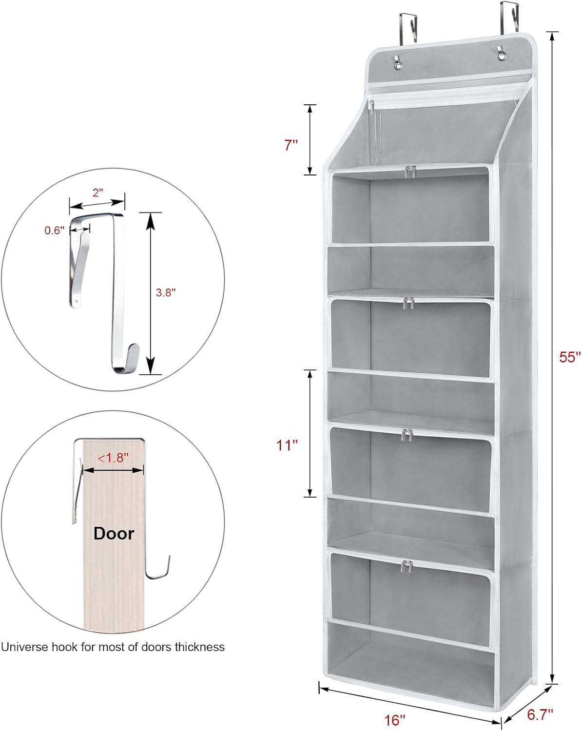Univivi Hanging Yarn Storage Organizer with 5 Zipper Closure Compartments, Large Capacity Knitting Organizer Storage, Over the Door Hanging Yarn Holder for Knitting Needles, Crochet Hooks (Light Grey)