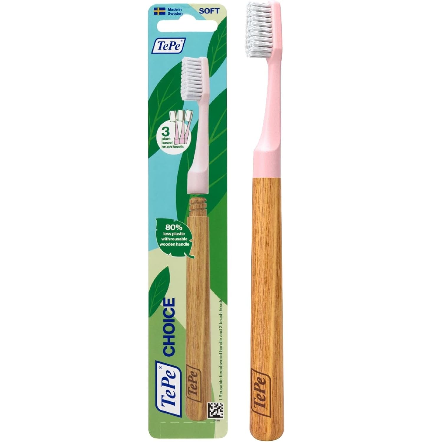 TePe Choice Toothbrush, Soft, Pink, 1pc Wooden Handle