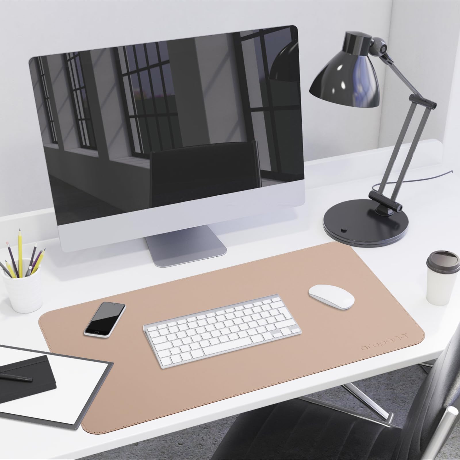 AROPANA Vegan Leather Desk Mat 60x35cm | Large Reversible Mouse Pad & Computer Table Protector | Dual-Side Waterproof Extended Laptop Pad with Edge-Stitched Design (Apricot and Orange) 2