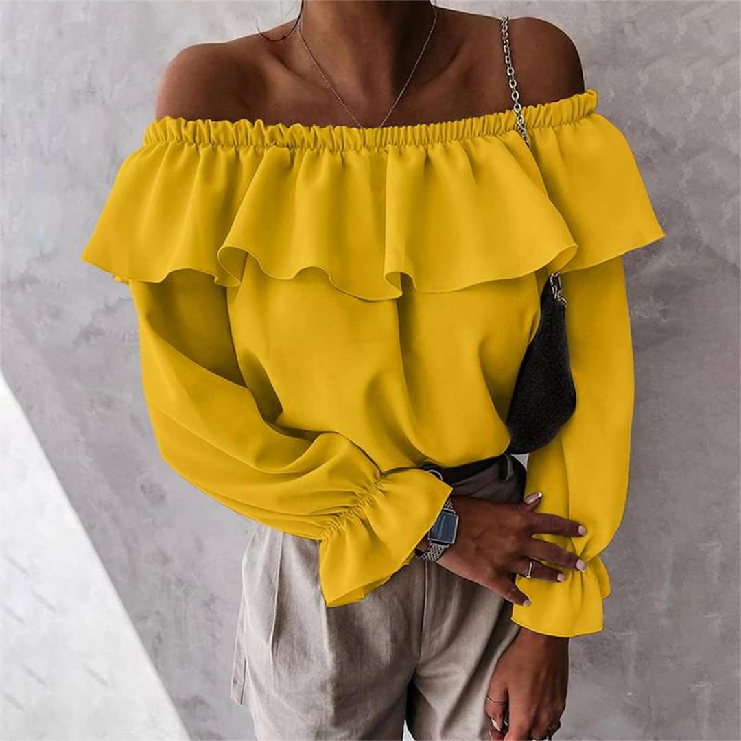 Générique Femmes Sexy Hors épaule Blouses été Flare à Manches Longues Couleur Unie Tunique Hauts Dames Hauts à Volants
