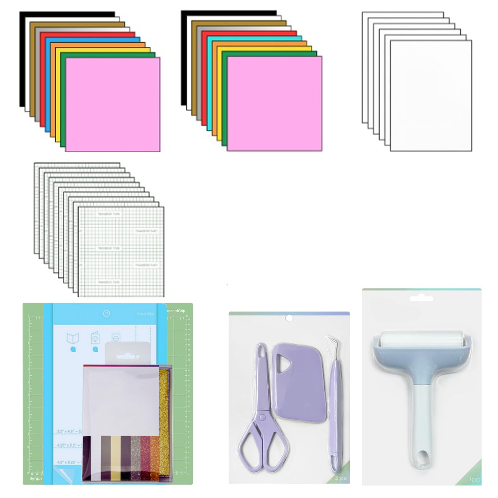 Pacchetto Accessori 82 Pezzi Per Cricut Maker Ed Explore Air (Vinile Adesivo Nastro Di Trasferimento In Vinile Htv Adesivi Stampabili Schede Di Inserimento Righello Tappetino Taglio Rullo Frammento)