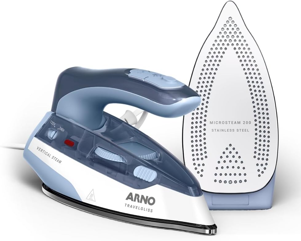 Ferro a Vapor de Viagem Arno Travelgliss com Base de Aço Inoxidável, Bivolt, 1000W, Acompanha Bolsa de Viagem, Azul e Branco, FVTB
