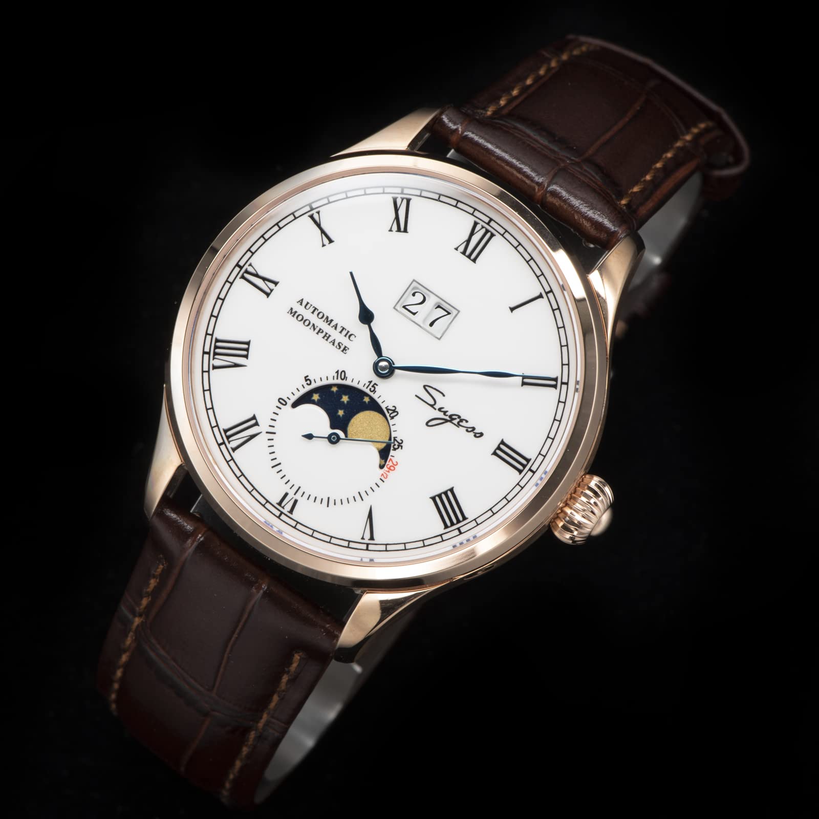 SUGESS Seagull ST2528 Automatik Mondphase Saphir Roségold 1963 BNIB, (SSMP015)