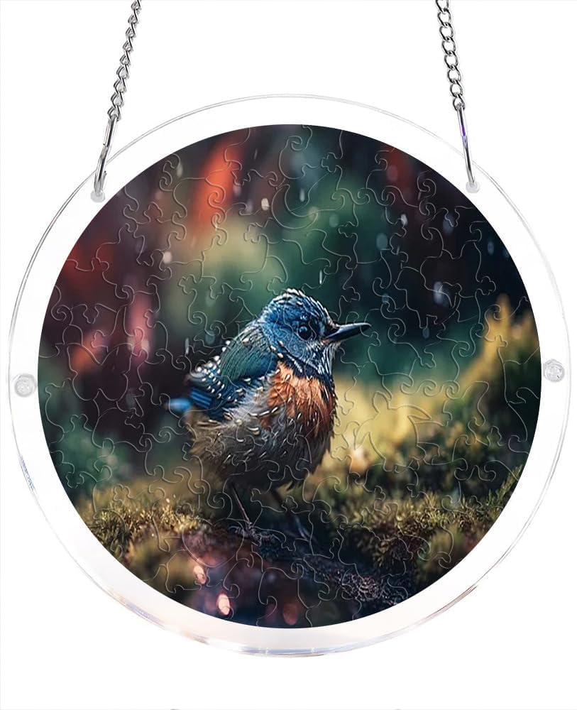 Blue Bird in Forest Acrylic Jigsaw Puzzles Suncatcher, 8.9 Inch Window Hanging Suncatcher Acrylic Puzzle, DIY Home Decor Art Gift