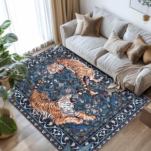 Geanlod Tiger Washable Area Rugs 5x7Ft, Boho Jungle Living Room Rugs, Soft Botanical Animal Print Bedroom Nursery Area Floor Carpets for Dining Room Dorm Study Kids Playroom Farmhouse Office, Blue