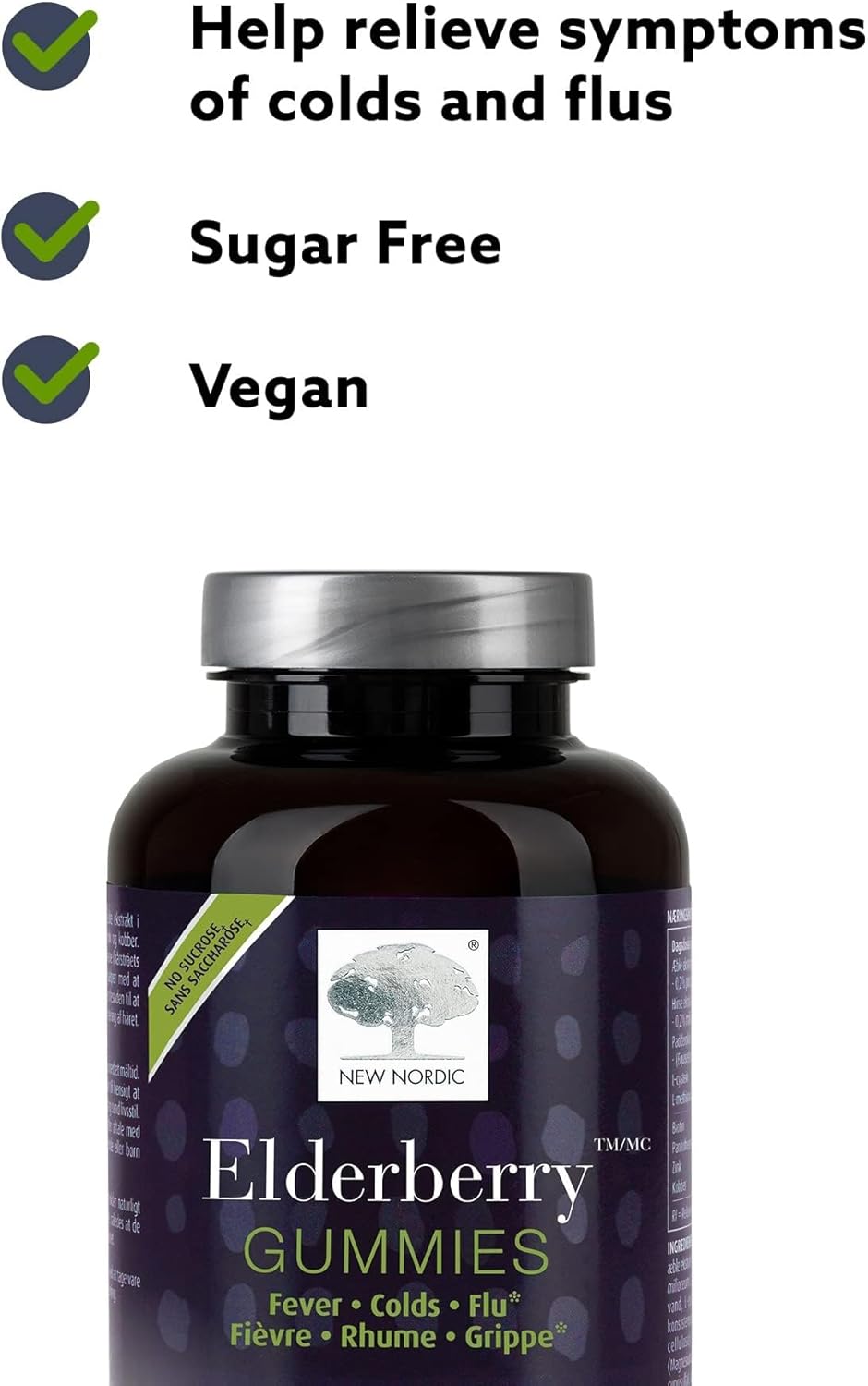 NEW NORDIC Elderberry Vegan Gummies, Sugar Free Chewable Immune Support with Vitamin C for Adults and Kids 4+, No Artificial Colors or Flavors, 60 Count (Pack of 1)