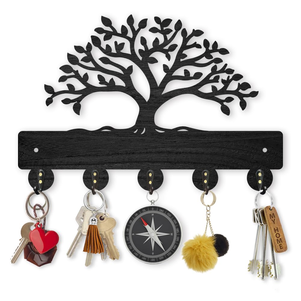 MAYJOYDIY Tree of Life Coat Rack Wall Mount 11.8×7.9inch Lush Tree Key Holder for Wall Decorative Wood Black Key Rack Hanger 5 Alloy Hooks for Wall