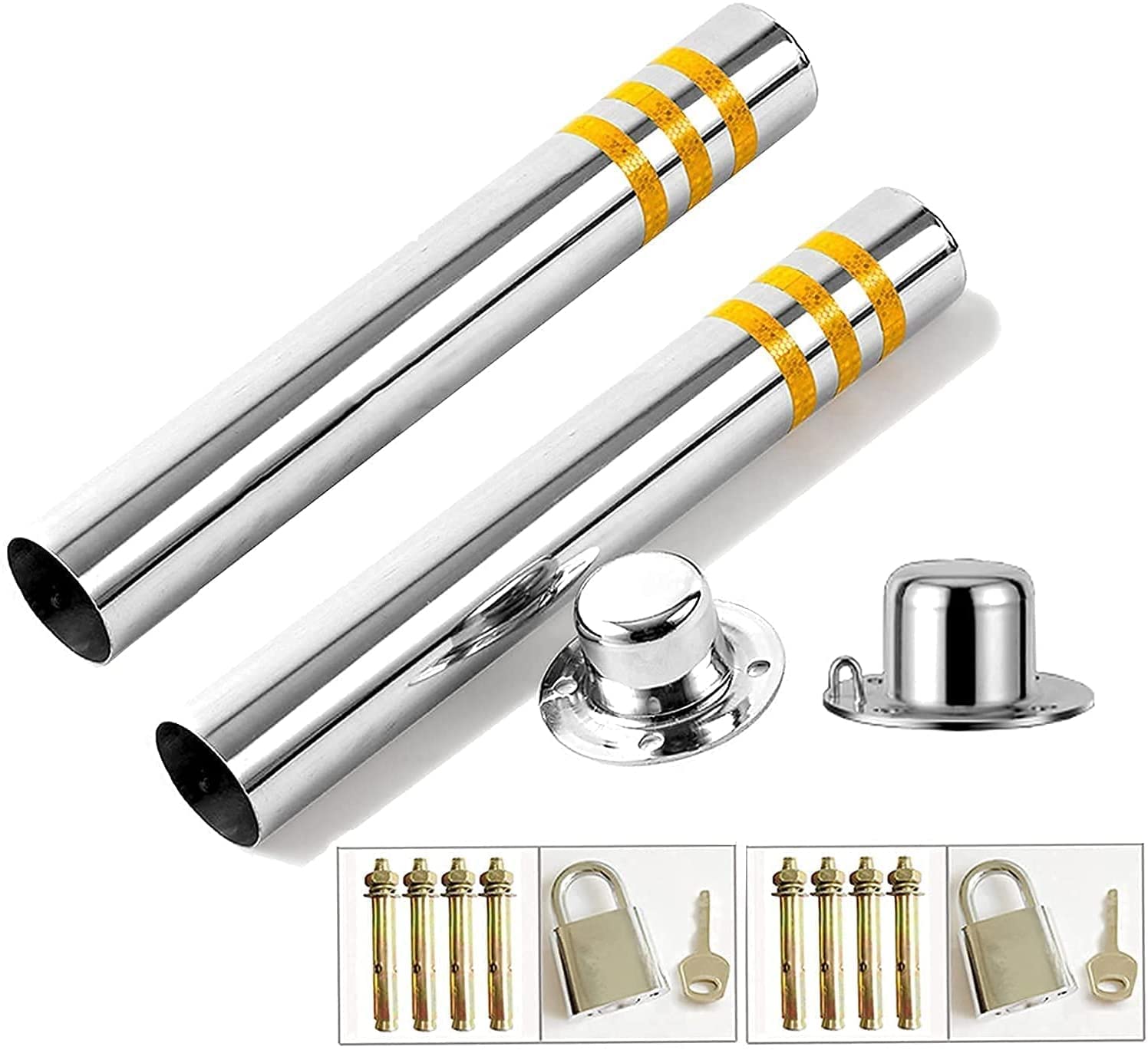 HCZKIUJY Parking Posts,Stainless Steel Security Posts for Driveways,Parking Bollards with Reflective Tape Barrier Hanging Ring,Movable Base Easy Installation