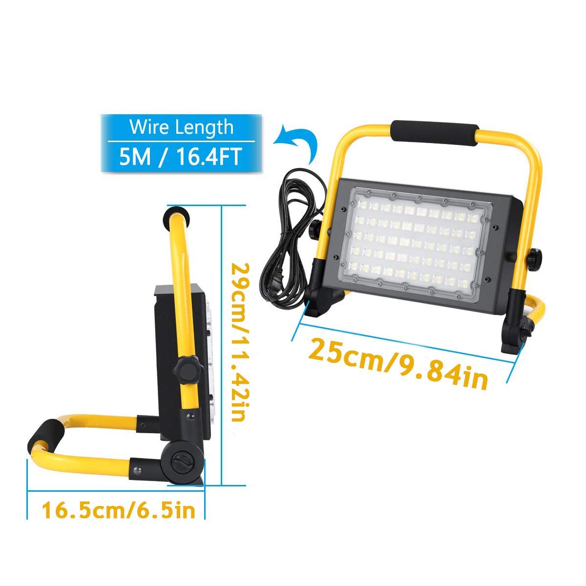 Lampa robocza LED z możliwością ładowania, przenośna lampa przeciwpowodziowa 50 W, wodoodporność IP65, regulowana za pomocą sznurka 4,9 m, zaawansowana soczewka optyczna, idealna do użytku na zewnątrz