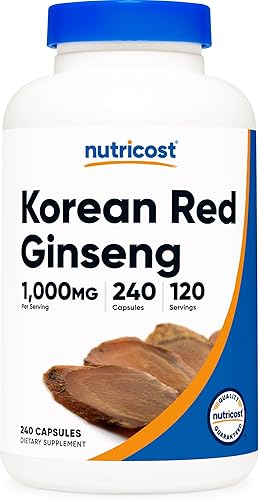 Nutricost Ginseng coreano 500 mg, 240 cápsulas (2 botellas)  1000 mg Tamaño de porción extra fuerte  Sin gluten y sin OMG