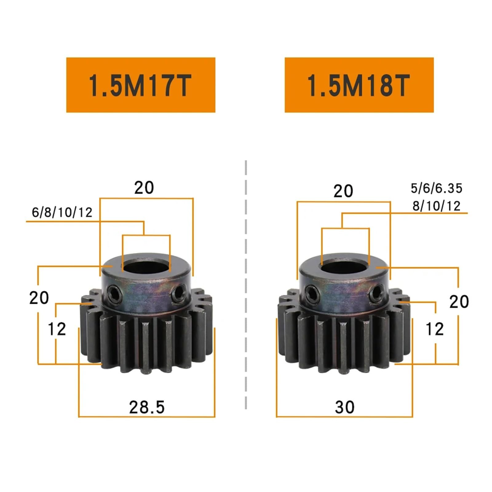 Engrenages métalliques en acier au carbone, alésage intérieur 1,5 M-17T/18T, épaisseur des dents: 5/6/6,35/8/10/12mm, 12mm, 1 pièce(12 mm,1.5M17T)