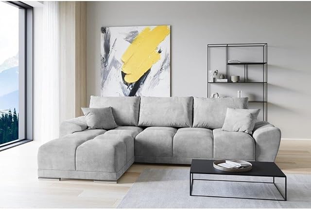 ML Furniture Velvet Corner Sofa Bed  With Storage and Pillows - Pull out Sofa Bed  Grey Day Bed - Sofas for Living Room  Sofabed Sleeping Funktion  289 x 189 cm