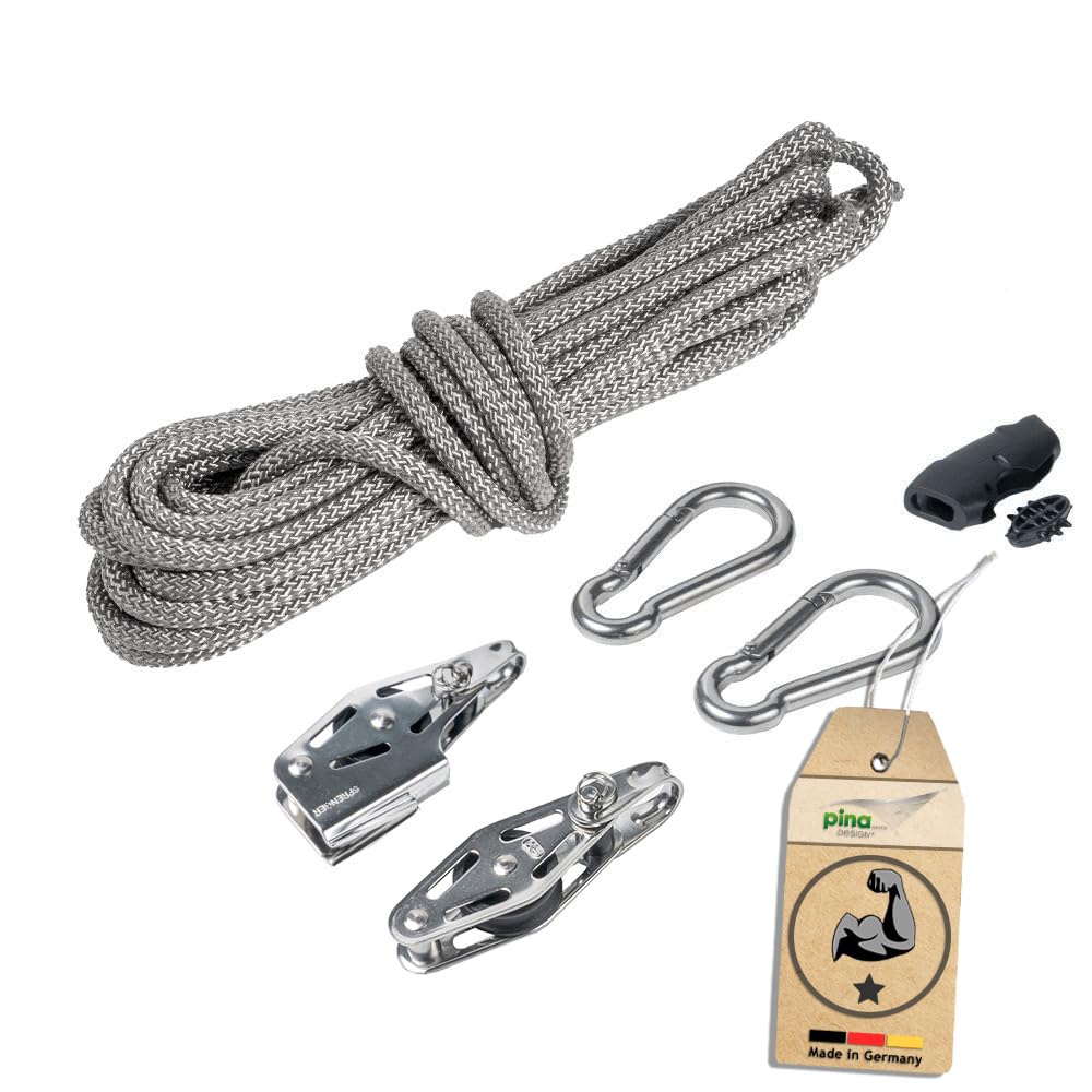 Sonnensegel 2-Fach Flaschenzug Set - mastseitig, für Sonnensegel Masten/Profi Spannsystem zum Spannen & Befestigen/Robustes Seilzugsystem mit integrierter Klemme