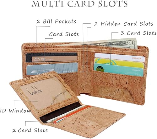 Miniatura 5 de boshiho Cartera de corcho con bloqueo RFID, delgada, plegable, vegana, tarjetero para tarjetas de crédito, monedero, regalo ecológico para hombres