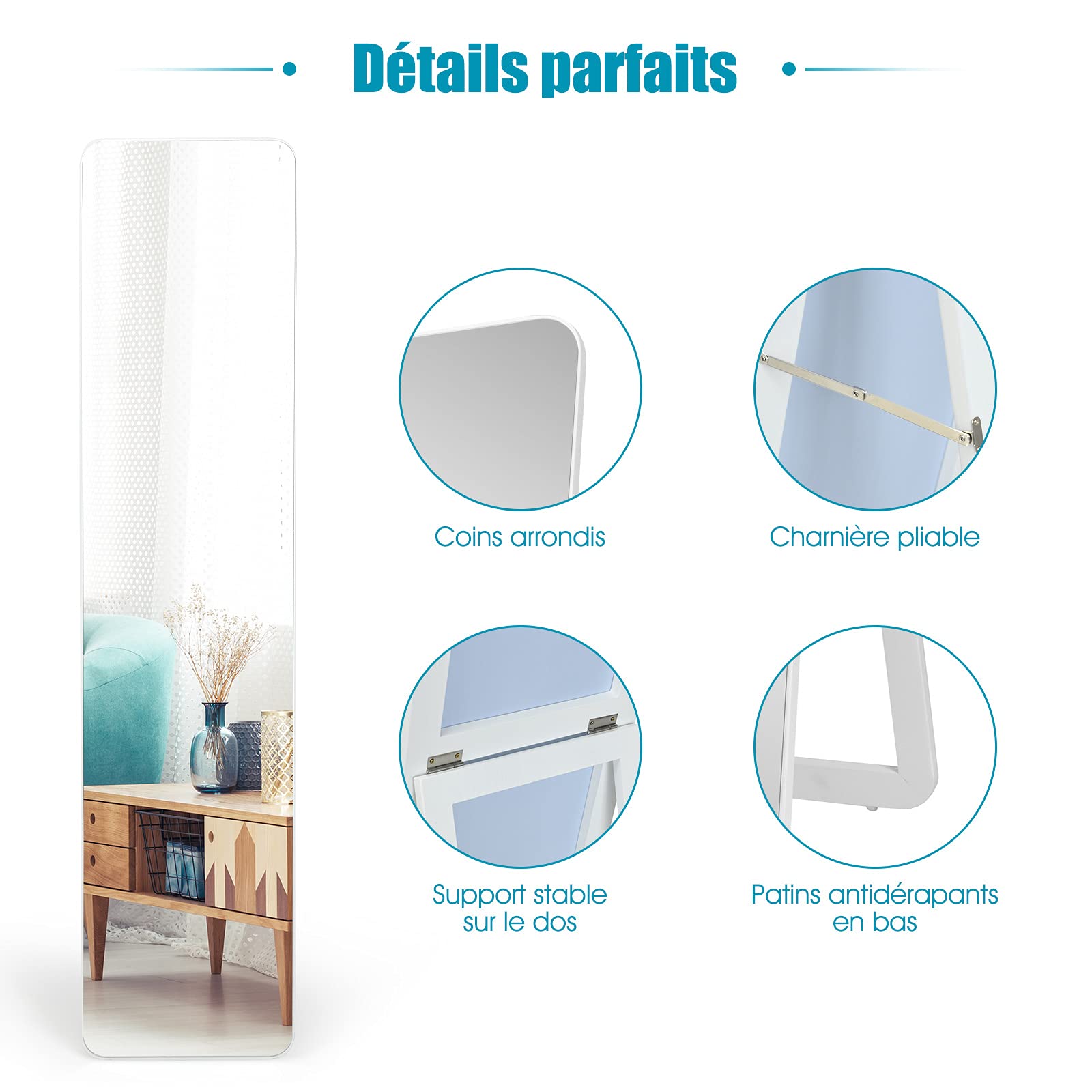 GOPLUS Miroir sur Toute La Longueur, 2 en 1 Psyché Mural ou sur Pied, Miroir Moderne et Simple avec Cadre en Bois Massif, Idéal pour Vestiaire, Chambre ou Salle de Bain, 37x155CM,Blanc