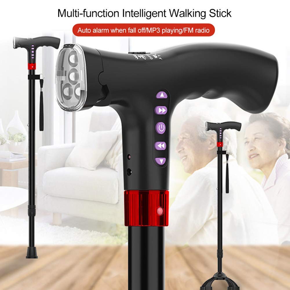 Bastón para Caminar con luz, muleta Ajustable, Radio FM, MP3, Alarma de caída Inteligente, Bastones confiables para Padres Mayores