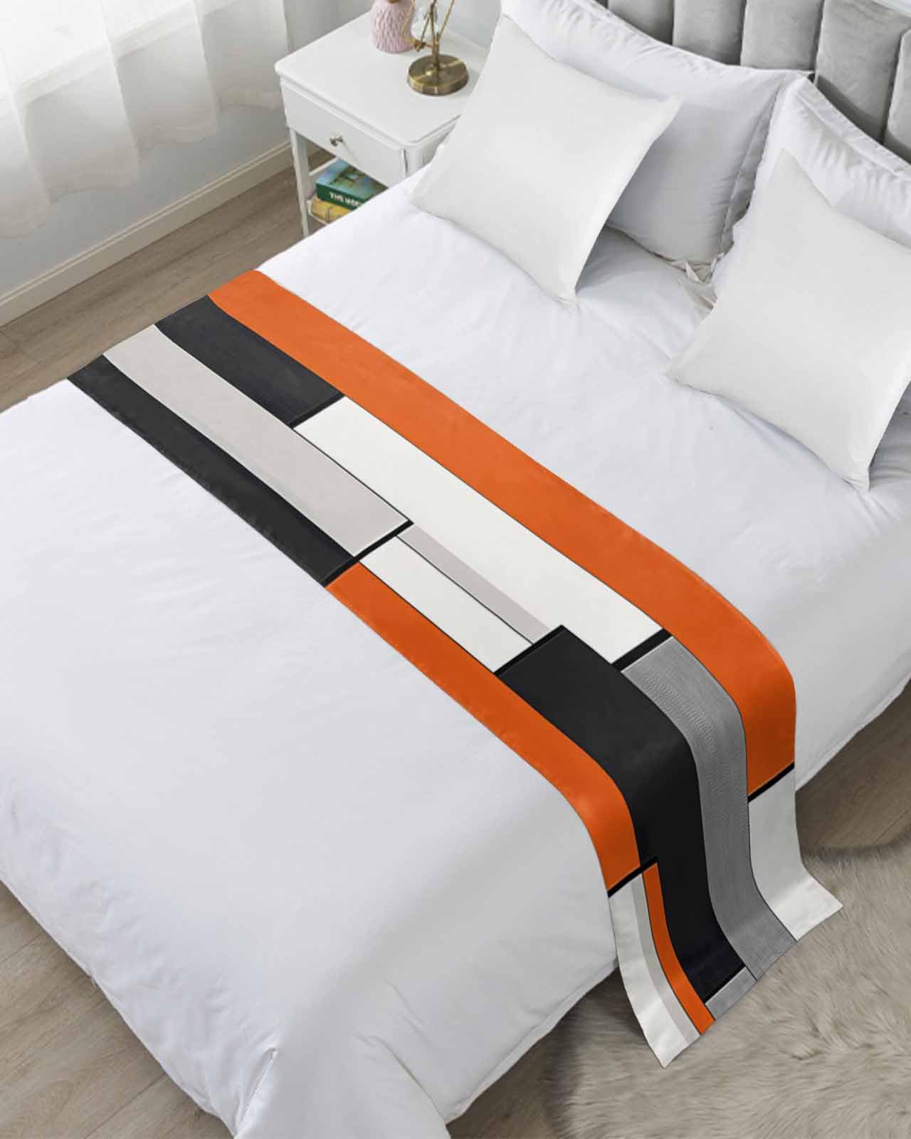 Burnt Orange Black Grey Bed Runner for Twin Size, Modernism Art Geometric Bedspread Protector Slipcover Bed Scarf for Foot Runners & Scarves for Bedroom Hotel Wedding Room 71x20 Inches