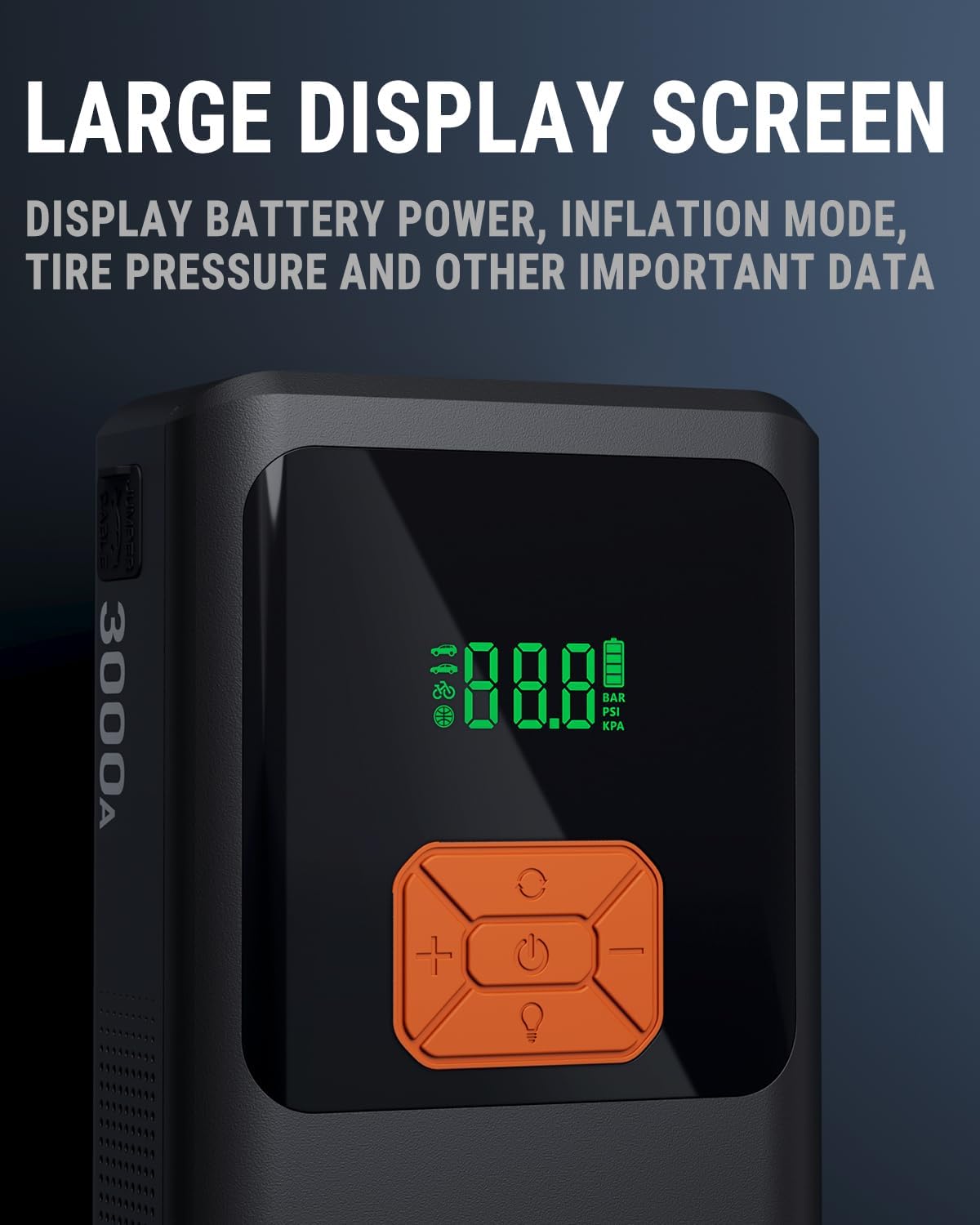 Large digital display screen of the Powrun P8 showing battery power, inflation mode, and tire pressure.
