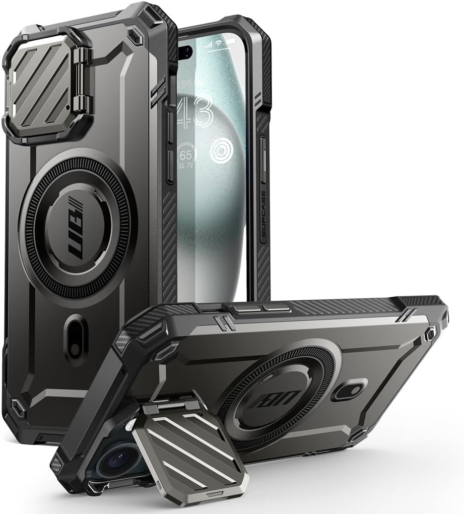 SUPCASE UB Mag XT for iPhone 15 Case with Camera Cover, [Compatible with MagSafe] Full Body Rugged Case with Built-in Kickstand - Black