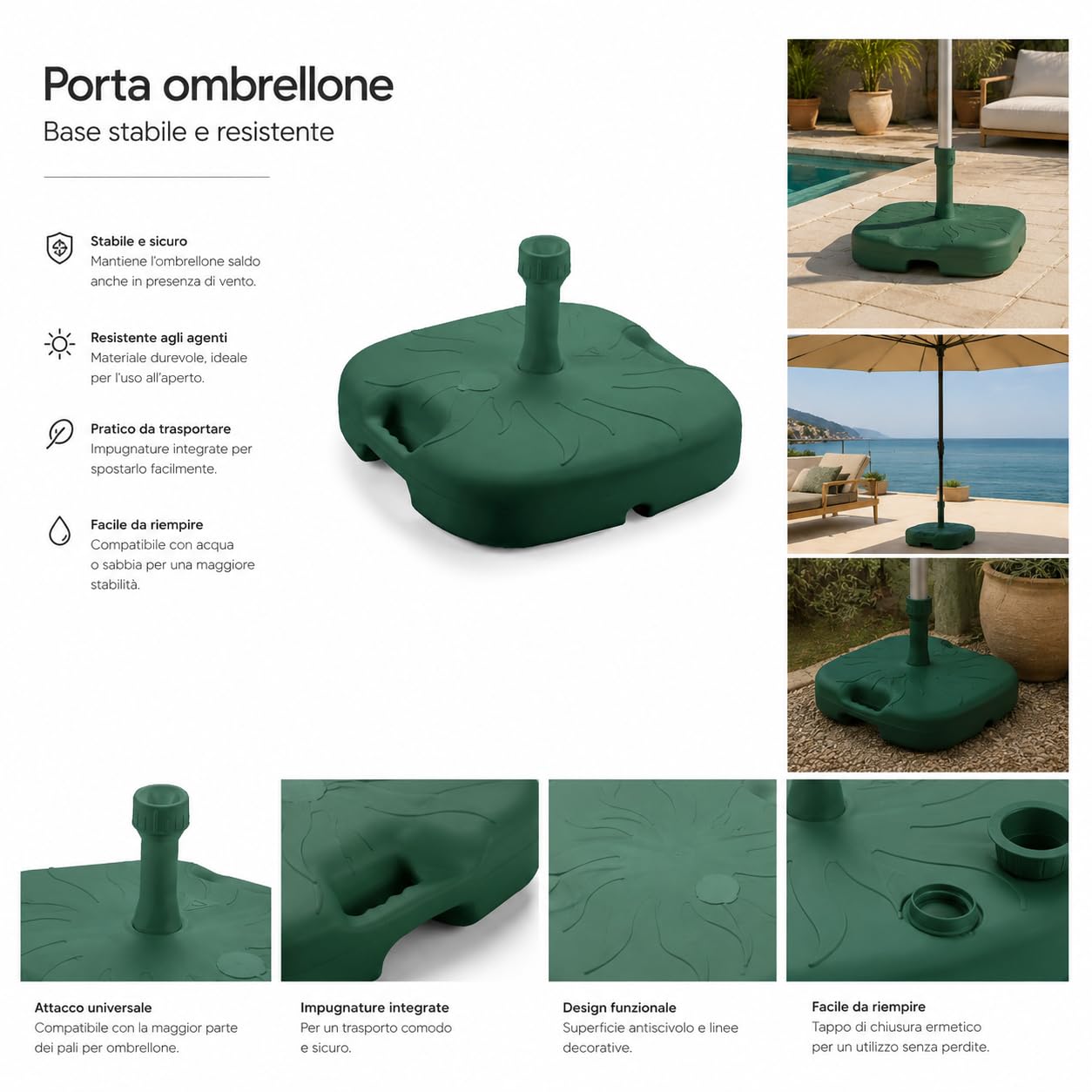 Base Supporto Ombrellone da Giardino 45x45x16h cm PP 18L Maniglie Diametro Tubo 21-33mm Esterno Resistente Riempire Verde