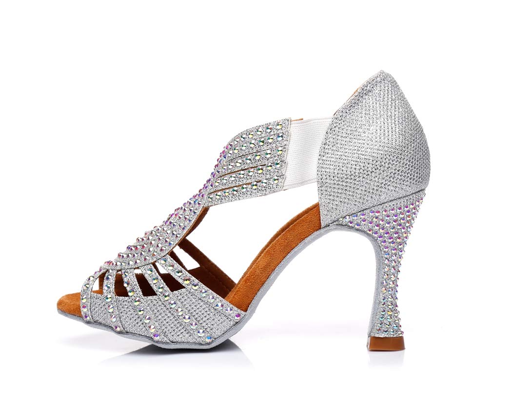 TDA Womens Slip-on Flaced Heel Silver Glitter Synthetic Crystals Latin Modern Salsa Tango Ballroom Wedding Dance Shoes 4 M US