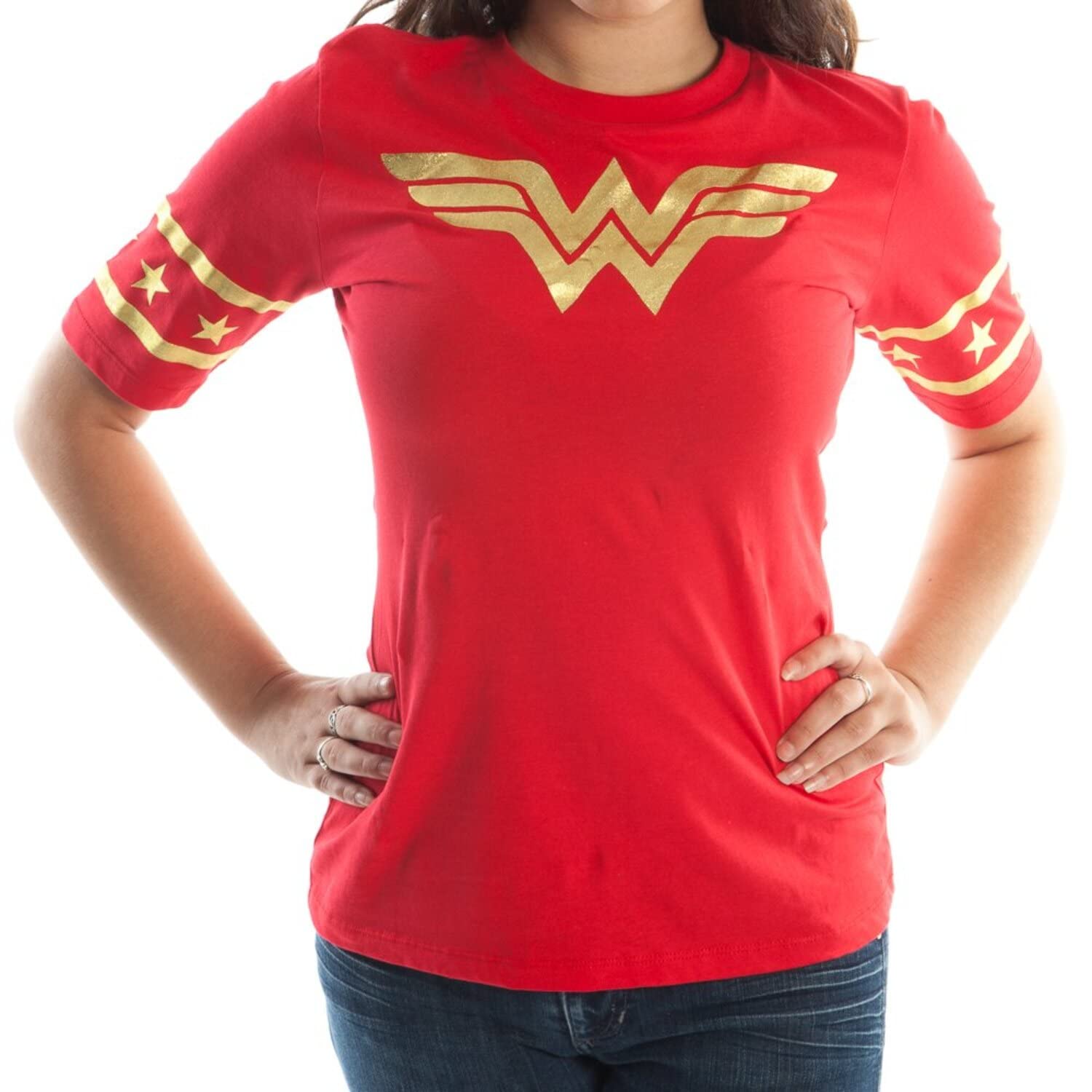 Wonder Woman Gold Foil Striped Sleeves Red Juniors T-Shirt Tee