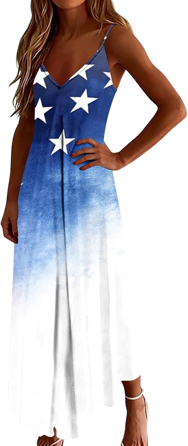American Flag Maxi Dress for Women Summer Loose V Neck Spaghetti StrapSleeveless Beach Vacation Lounge Dresses