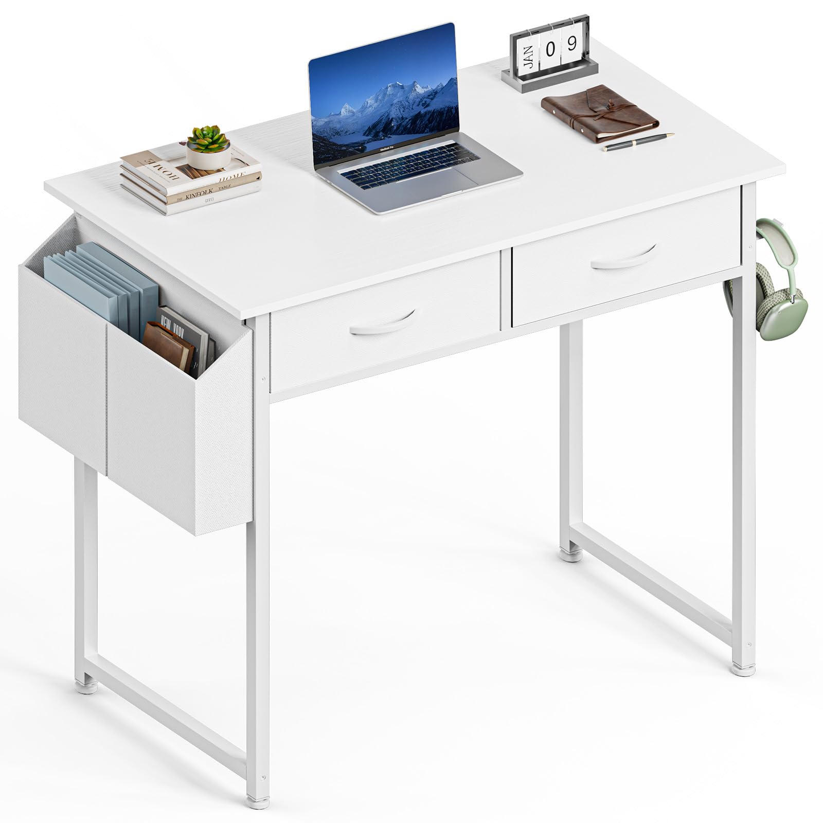 Sweetcrispy Computer Desk Small 32 Inch Home Office Bedroom Writing Study PC Table with Fabric Storage Drawers Space Side Bag Headphone Hook Metal Frame Adjustable Feet Modern Simple Style, White Wood