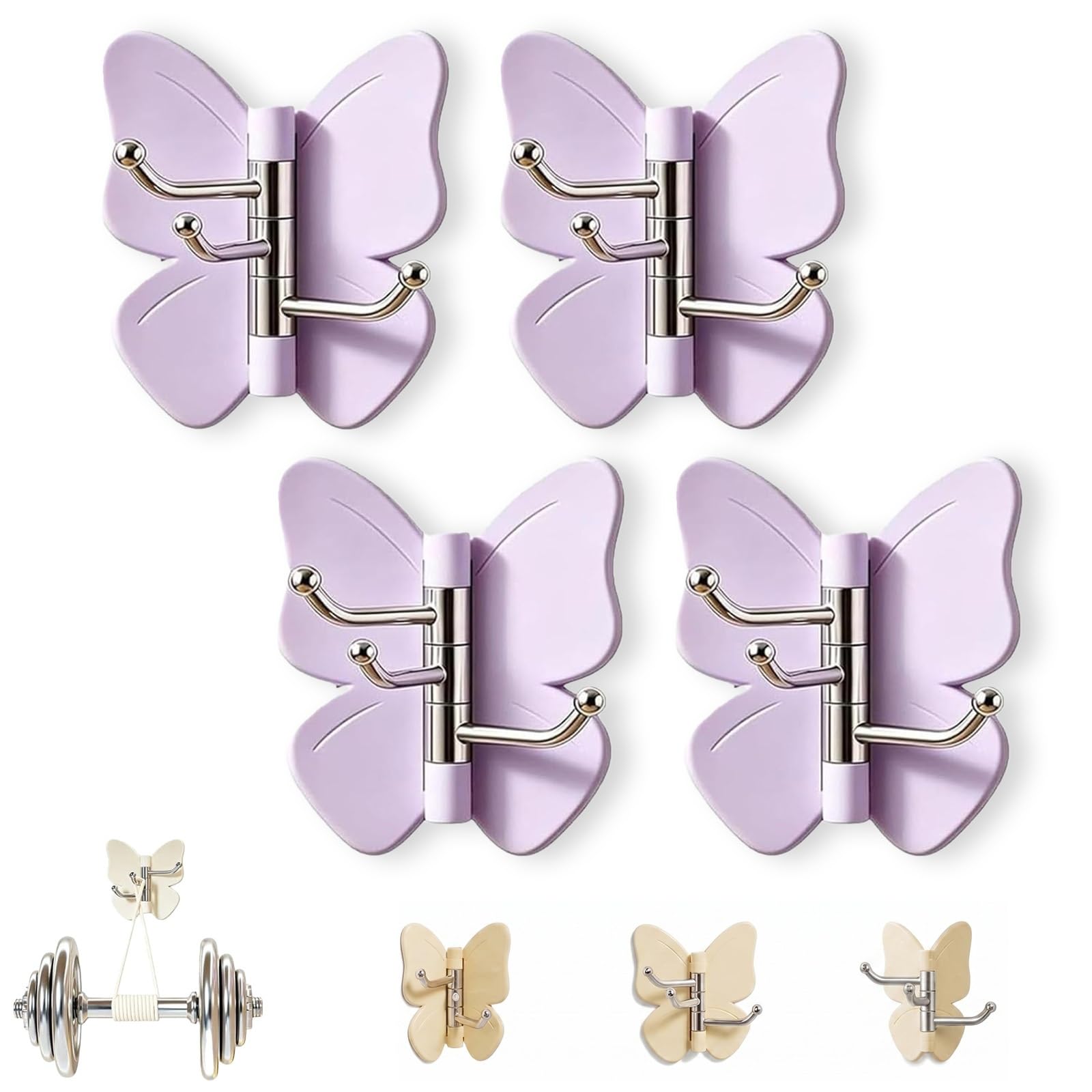 GHRKLP Rotating Butterfly Adhesive Wall Hooks, Cute No-Drill 3-Prong Swivel Hangers with Adjustable Wings,Saving Hooks for Inner & Outer Corners,for Dorm Entryway(Color C,4pcs)