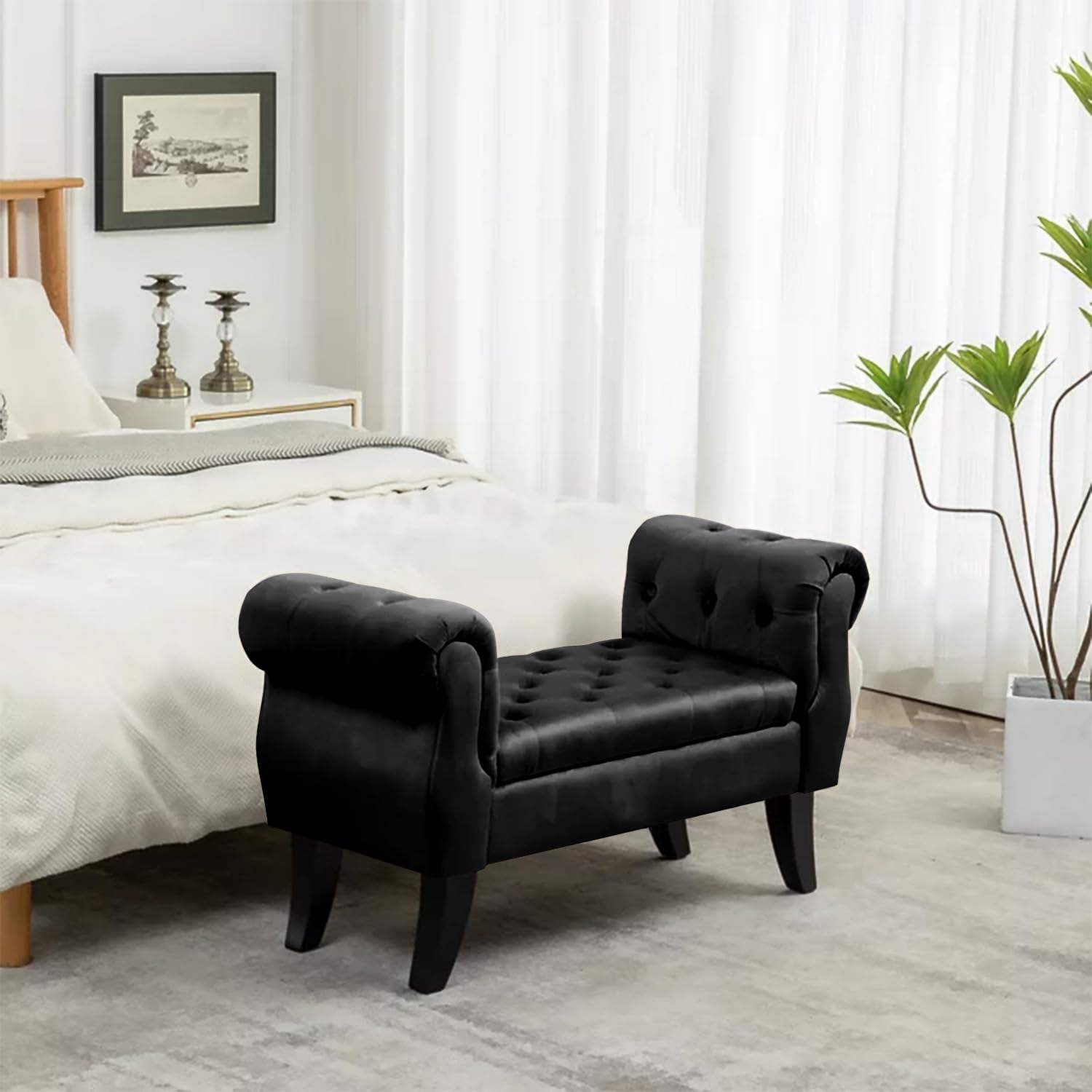 IlGruppone Divanetto in Velluto Panca Contenitore Pouf PortaOggetti Panca Sgabello A Pie di Letto Cassapanca Ingresso Legno Massello Panchina - Nero