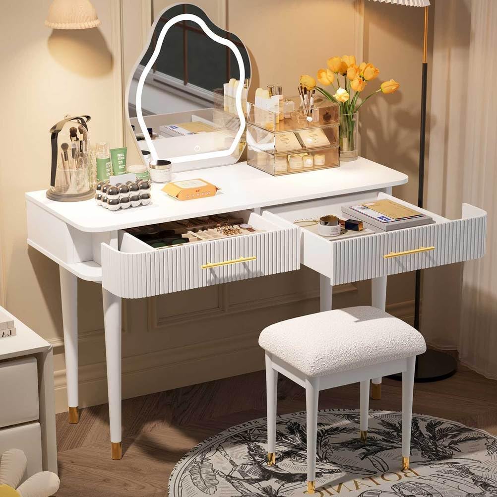 White Vanity Desk with Mirror and Lights,Modern Fluted Makeup Table 2 Large Drawers Stools Bedroom Dressing for Women Girls