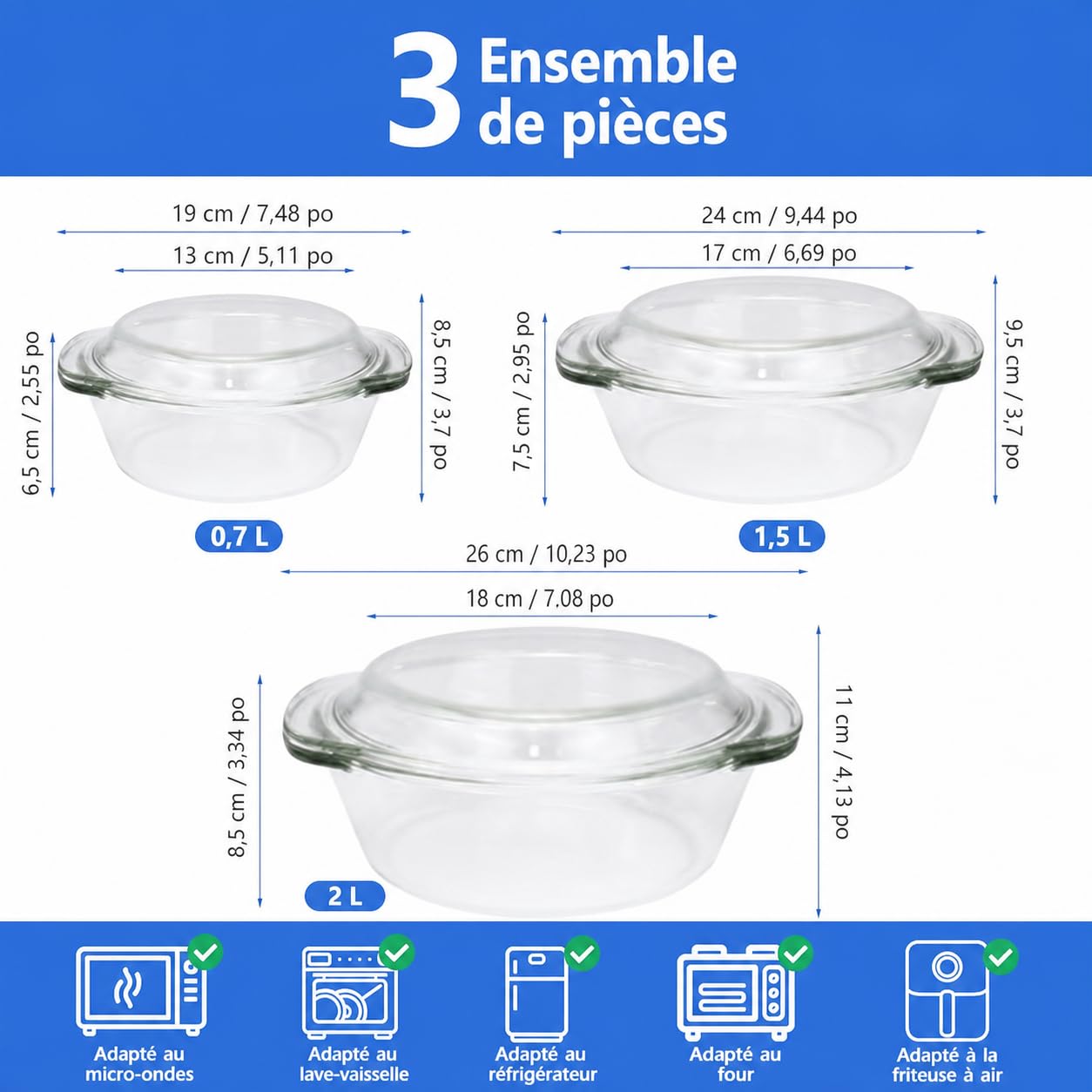 Set di 3 casseruole rotonde in vetro con coperchio, 0,7 L/1,5 L/2 L, piatti per Gratin in vetro borosilicato trasparente, resistenti al forno e alla lavastoviglie, per cucina, servizio e conservazione