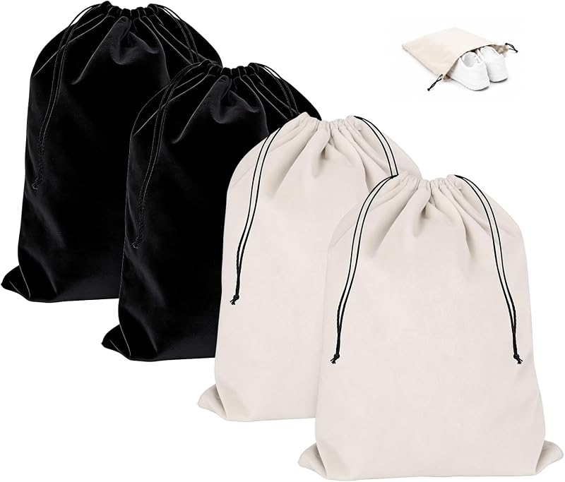 4 Pack Shoe Bags for Travel, Flannel Drawstring Travel Shoe Bag,Black Beige | Large Size 18.3*13.78 inch,Soft Flannel Material,Washable & Reusable,Shoe Bag for Luggage