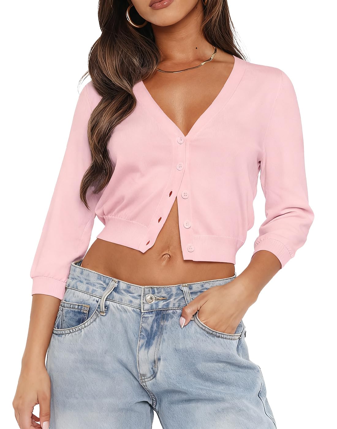 Ezbelle Womens V Neck Tops Cardigan Sweater Summer Crop Shirt 3 4 Sleeve Shrugs Sweaters Knit Button Clothes