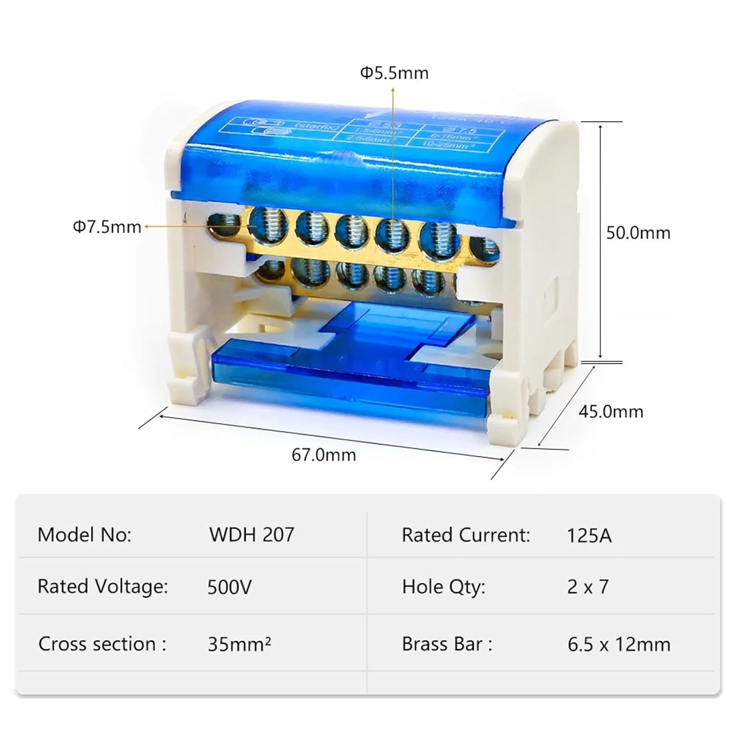 1pcs WDH-207 Terminal Block Screw Type Electrical Connection Compact Design Secure Conductor