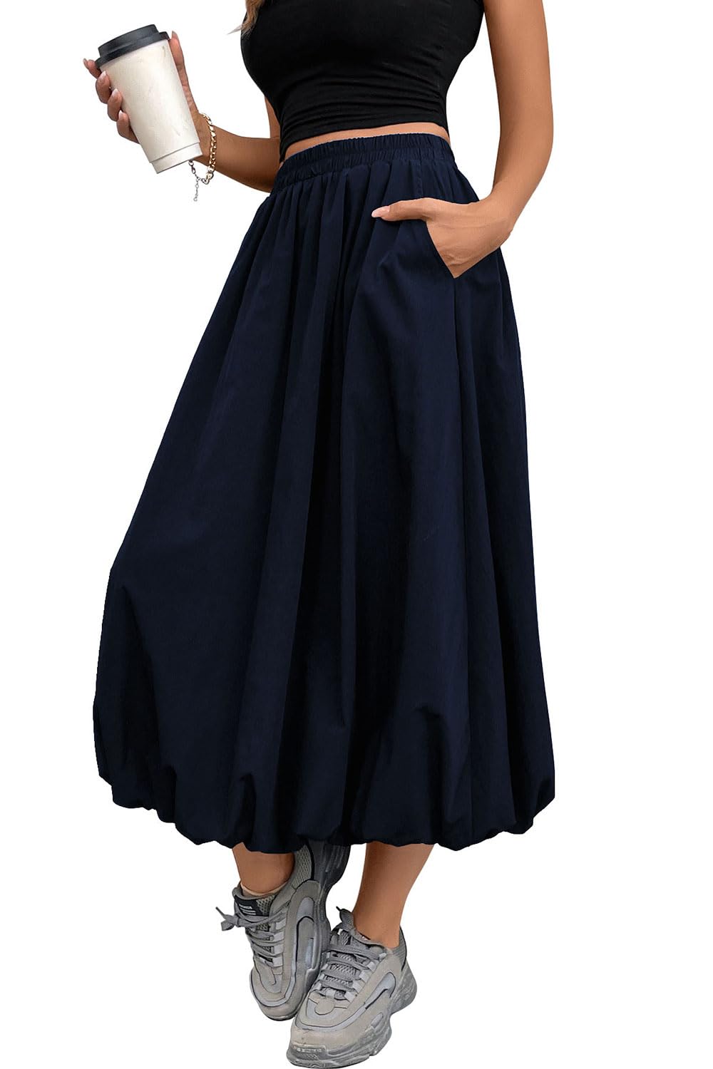 Womens Black Bubble Skirt Elastic Waist Casual Party Y2K Puffy Hem A-line Long Skirts with Pockets
