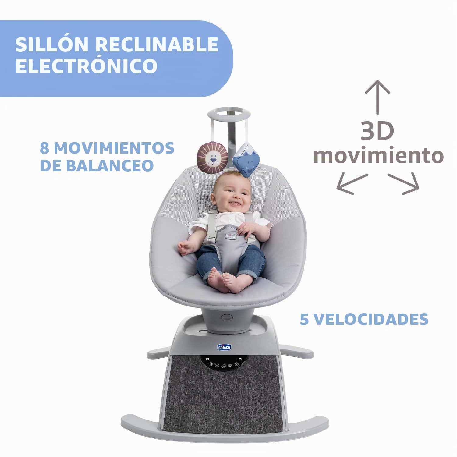 Chicco Comfy Wave - Tumbona electrónica, columpio electrónico para niños, con movimientos y melodías, respaldo reclinable, tejido transpirable y desenfundable, barra de juegos, tumbona para bebé, 0