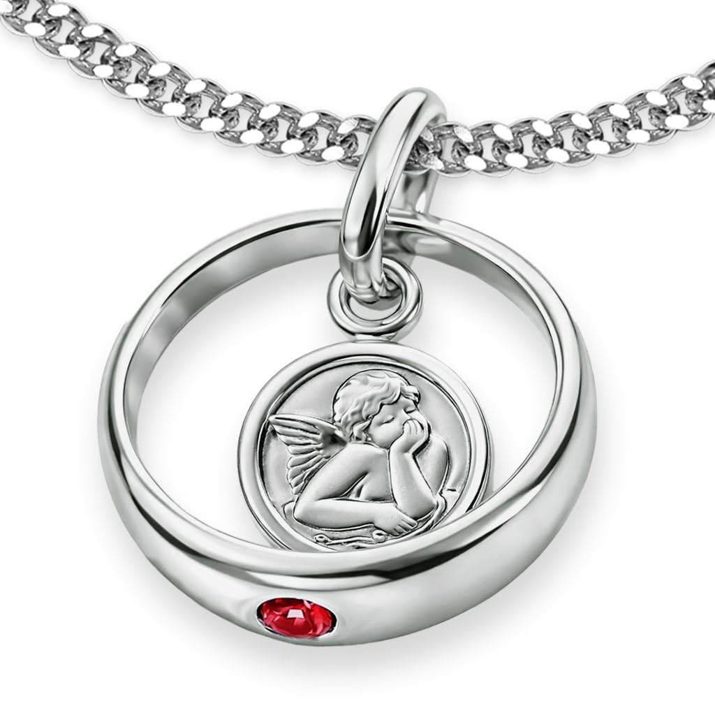 CLEVER SCHMUCK Taufkette Silber Schutzengel Ø 12 mm Engel rund mit Zirkonia rot mit Panzerkette 34 cm STERLING 925 Taufgeschenk im Etui