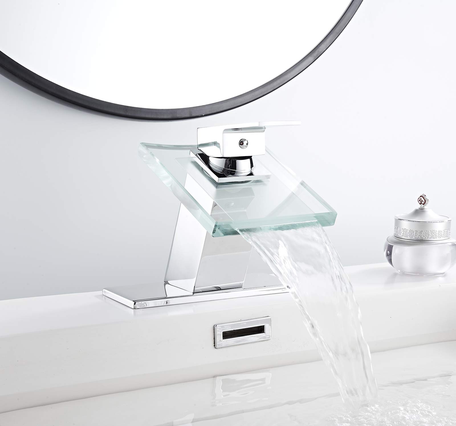 Rubinetto da Bagno a Cascata con beccuccio in Vetro, Design Moderno, monocomando, Foro Singolo, per lavabo, Mobile Bagno, Cromato, in Ottone Massiccio, per Uso Commerciale.