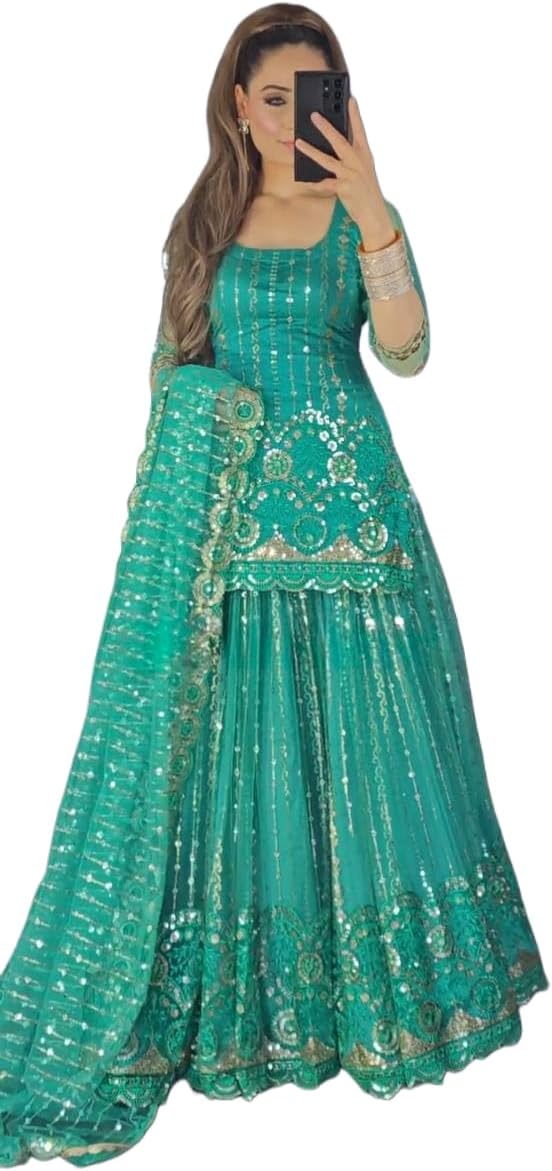 Zoura Women's Cotton blend Silver Sequance Zari Work Salwar Suit With Round Neck Full sleeve with Dupatta & Lahenga