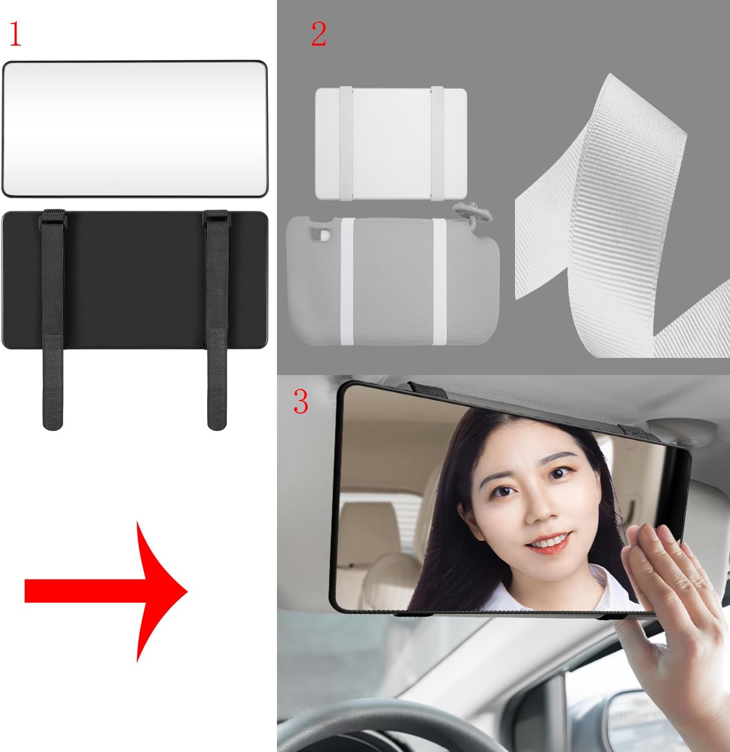 Car Mirror Visor Cosmetic Car Makeup Mirror for Car Visor, Large Car Vanity Mirror Sun-Shading Cosmetic Mirror for Car Truck SUV Rear View Mirror Sun, Shading Cosmetic Mirror with Straps. (Black)