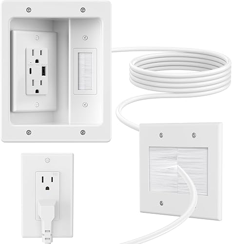 Miniatura 9 de Kit corrector de cable de pared con placa de pared de cepillo, caja de salida empotrada, cable de 9 pies, pasador de 2 bandas para gestión de cables