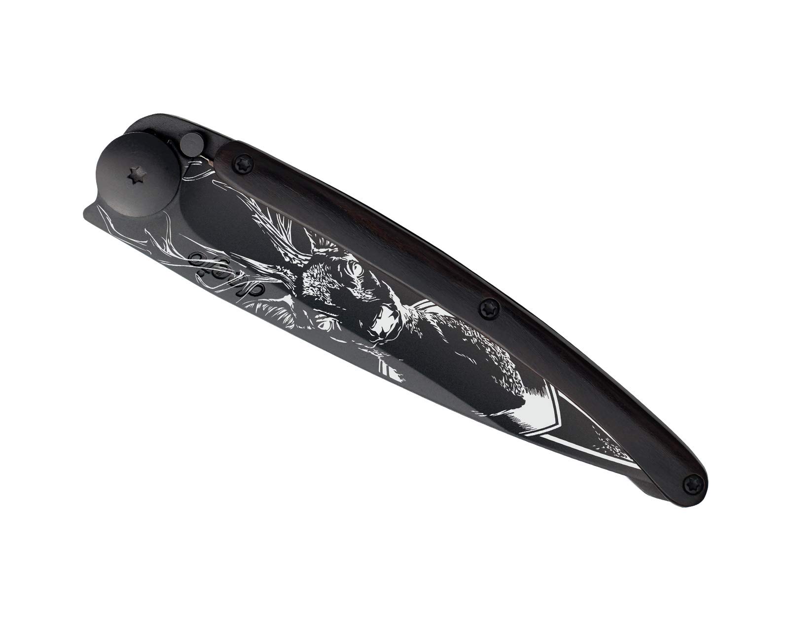 Deejo - Couteau de Poche Pliant 37g - Manche en Bois d'Ébène, Lame en Acier Inoxydable Z40C13 - Motif Cerf - Couteau de Table, Randonnée, Camping, Bivouac